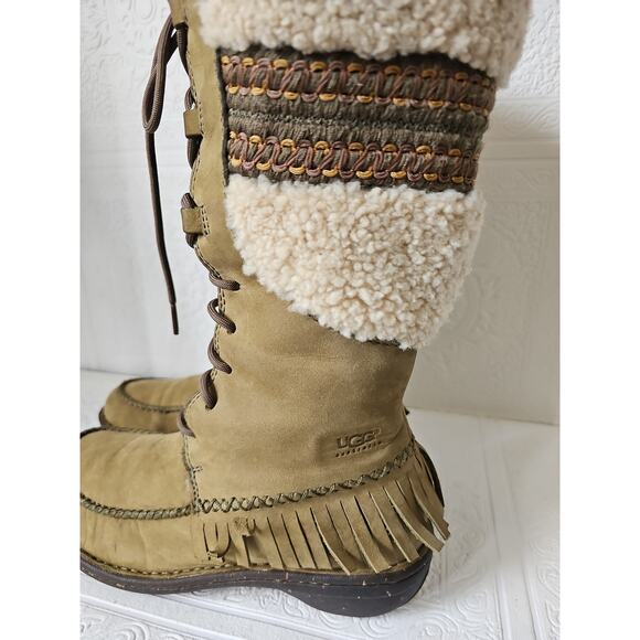 UGG Shoreline Shearling Sheepskin Leather Fringe Tall Boots Womens 7 Olive Green - Picture 13 of 15